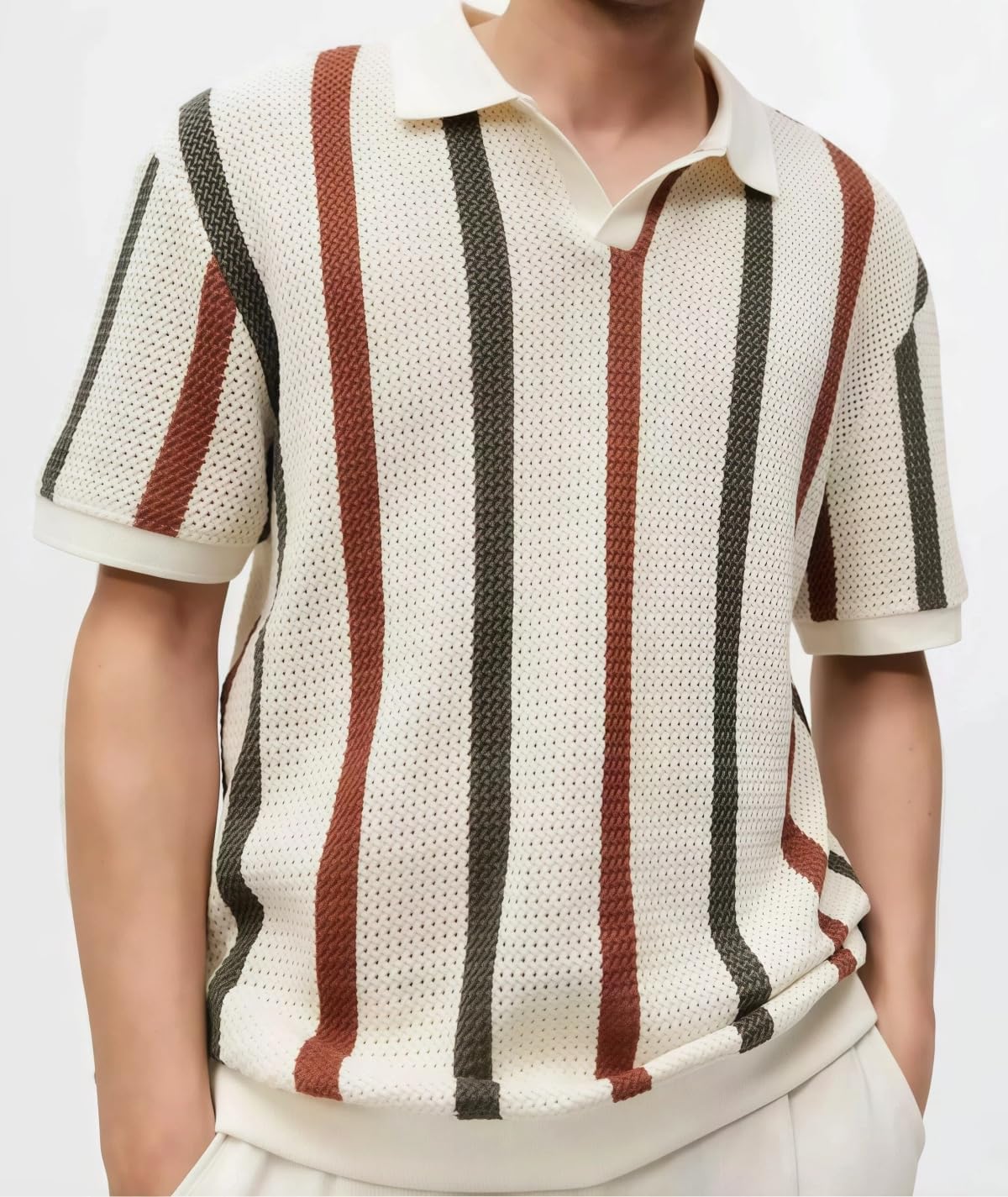 商品图片 3 | B0GF1QQM1S | Striped Short Sleeve Shirt for Men, Collar Without Buckle, Ventilate Knit Mesh Retro Polo Top, Summer Casual Style