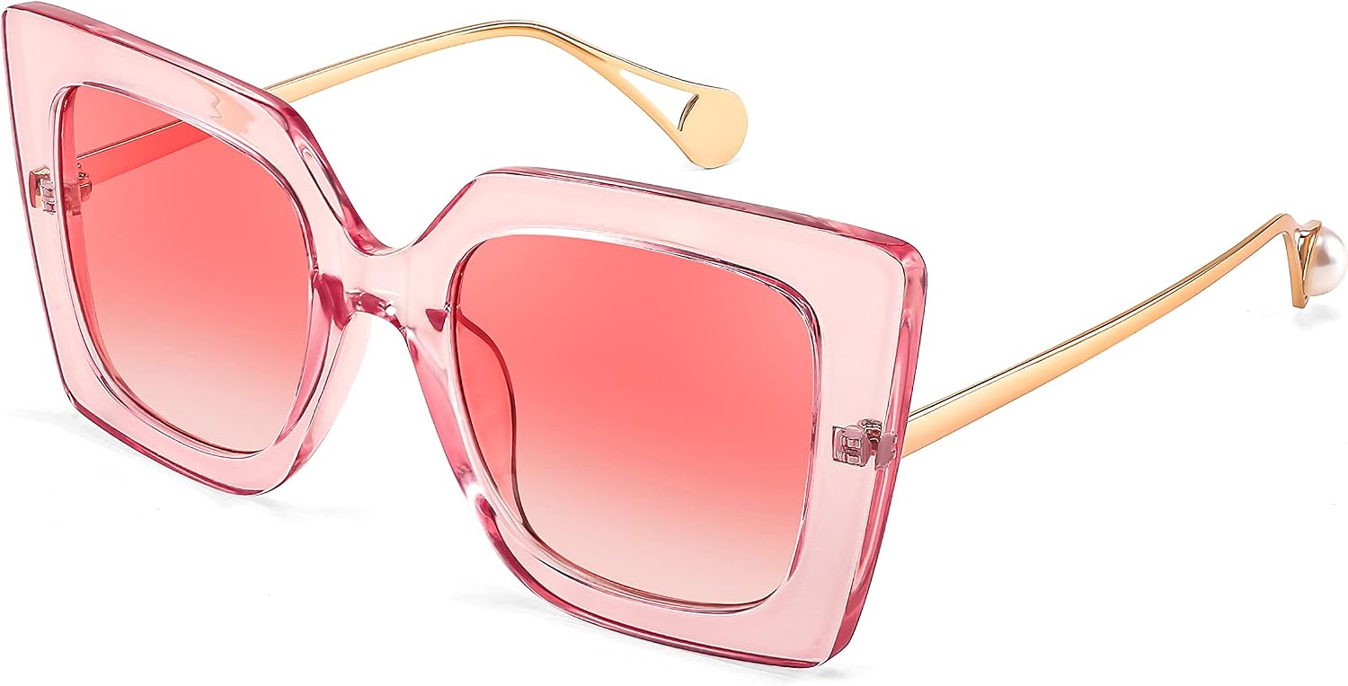 Clear Pink / 50 Millimeters | B0BXDD29D9 | FEISEDY Sunglasses Womens Trendy, Oversized Square Shades, Pearl Inlay Cat Eye Frame UV400 Protection B2625
