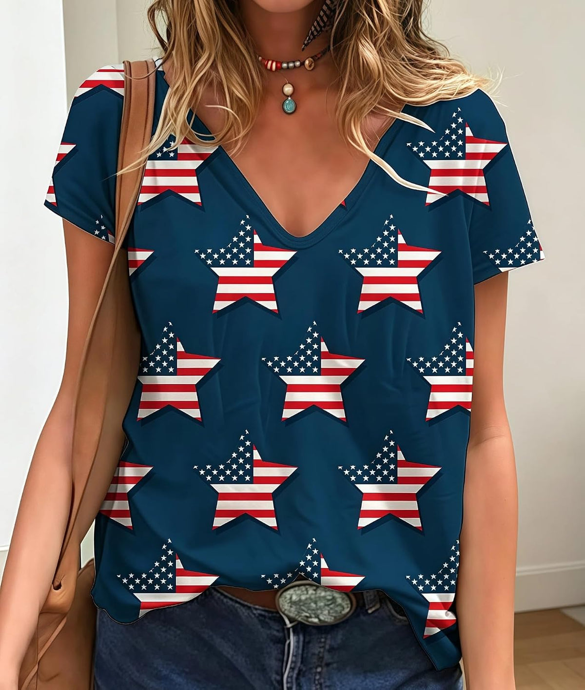 Small | B0H4KKXKVY | Women's 4th of July American Flag Print T-Shirt, V Neck Short Sleeve Patriotic Casual Tops for Independence Day, Navy Blue