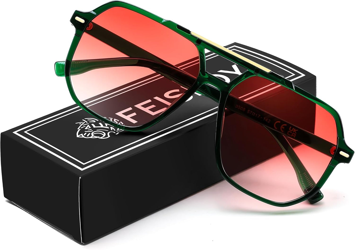 Green/Gradient Red / 57 Millimeters | B0H71FHY5K | FEISEDY Retro Aviator Sunglasses for Women Men 70s Square Sun Glasses B0281
