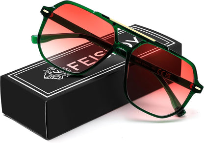 Green/Gradient Red / 57 Millimeters | B0H71FHY5K | FEISEDY Retro Aviator Sunglasses for Women Men 70s Square Sun Glasses B0281