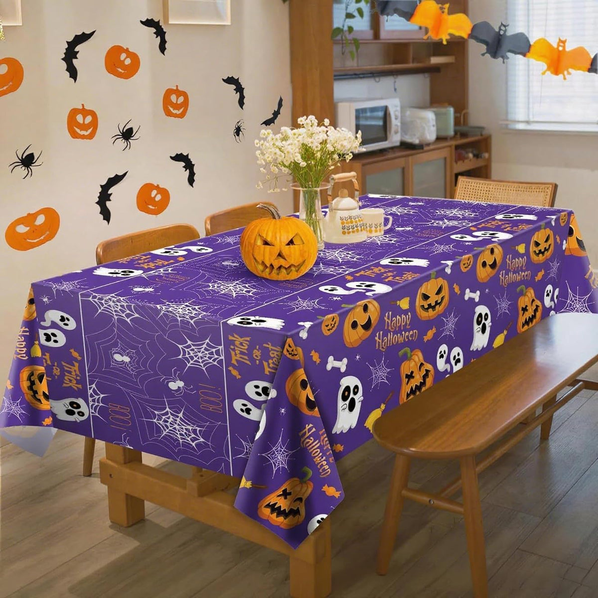 商品图片 5 | B0FLXC9QDS | Tablecloth (2 Pack) 51.2 x 86.6 Inch Disposable Plastic Table Cover for Party Ghost/Bone/Ghost Face Pumpkin Decorations Birthday Party Indoor Outdoor Decor