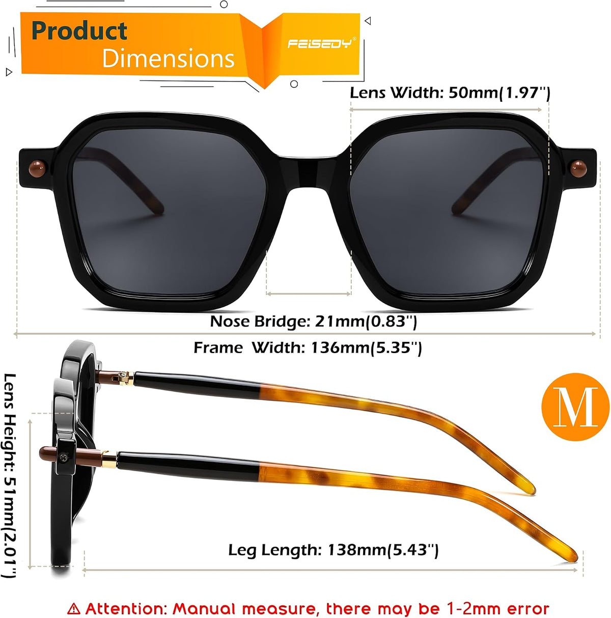 商品图片 6 | B0D4M6XXF1 | FEISEDY Vintage Square Sunglasses Men Women Classic Retro Trendy Large Frame UV400 Sun Glasses B0154