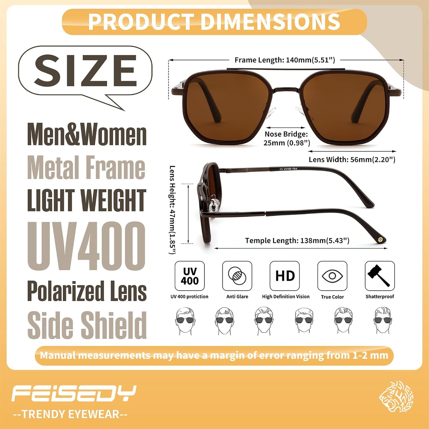 商品图片 29 | B0FQ4Y7FV6 | FEISEDY Polarized Aviator Sunglasses for Women Men Square TAC Lens B0329 | UV400 protection, Lightweight, Military-grade durability, Spring temples, Climate Pledge Friendly, Driving, Beach