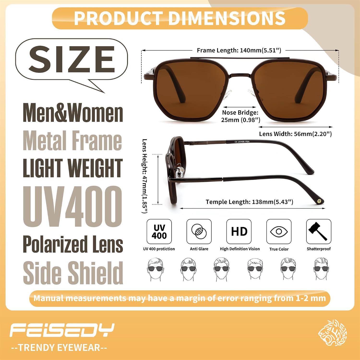 商品图片 29 | B0FQ4Y7FV6 | FEISEDY Polarized Aviator Sunglasses for Women Men Square TAC Lens B0329 | UV400 protection, Lightweight, Military-grade durability, Spring temples, Climate Pledge Friendly, Driving, Beach