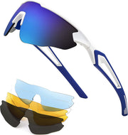White Frame & Blue Mirror Lens / 80 Millimeters | B0B2WCT6JR | FEISEDY Sports Sunglasses, with 5 Lenses for Men Women, TR90 Lightweight, Baseball Cycling Motorcycle Running Golf B2940