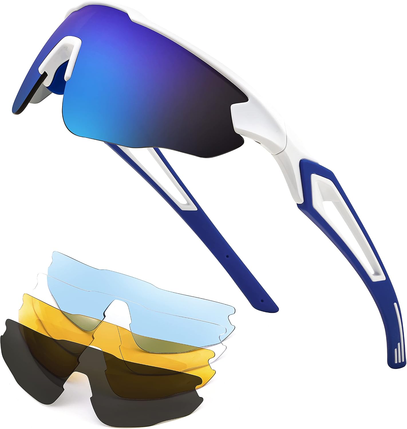 White Frame & Blue Mirror Lens / 80 Millimeters | B0B2WCT6JR | FEISEDY Sports Sunglasses, with 5 Lenses for Men Women, TR90 Lightweight, Baseball Cycling Motorcycle Running Golf B2940