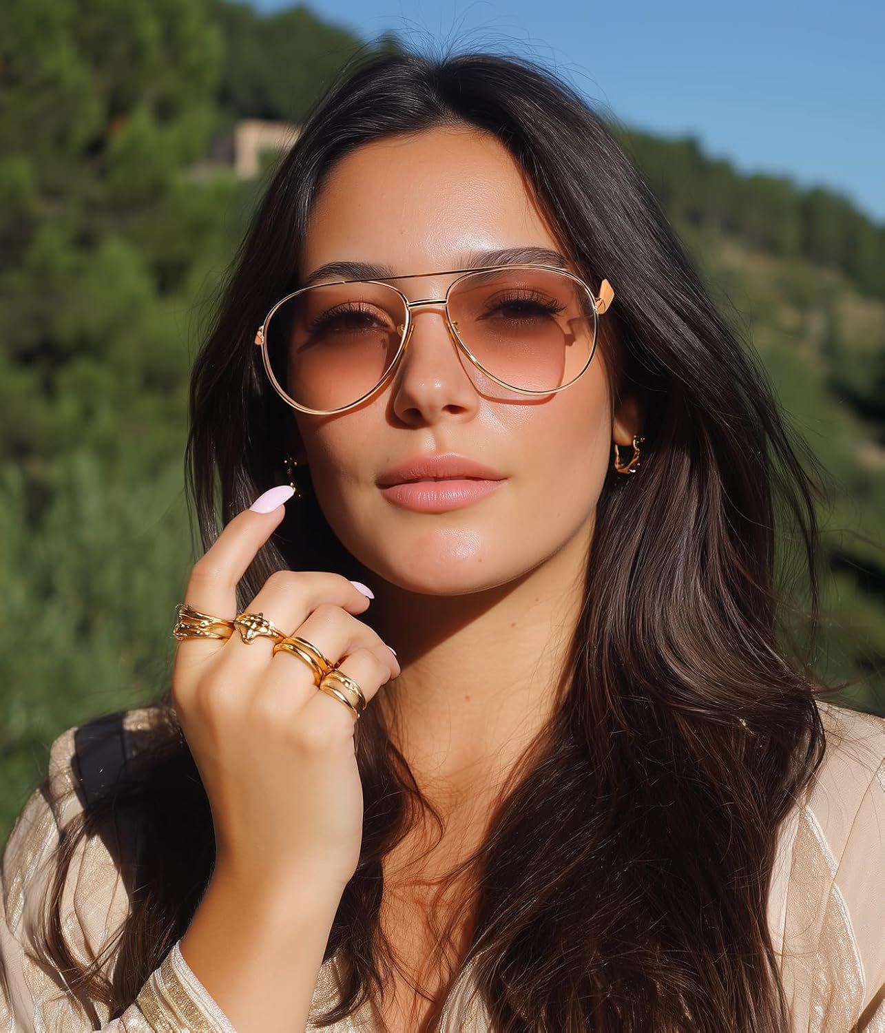 商品图片 2 | B0FKML2SSC | FEISEDY Oversized Aviator Sunglasses Women Men - Retro Gold Metal Chunky Frame, UV400 for Driving & Daily Wear B0311