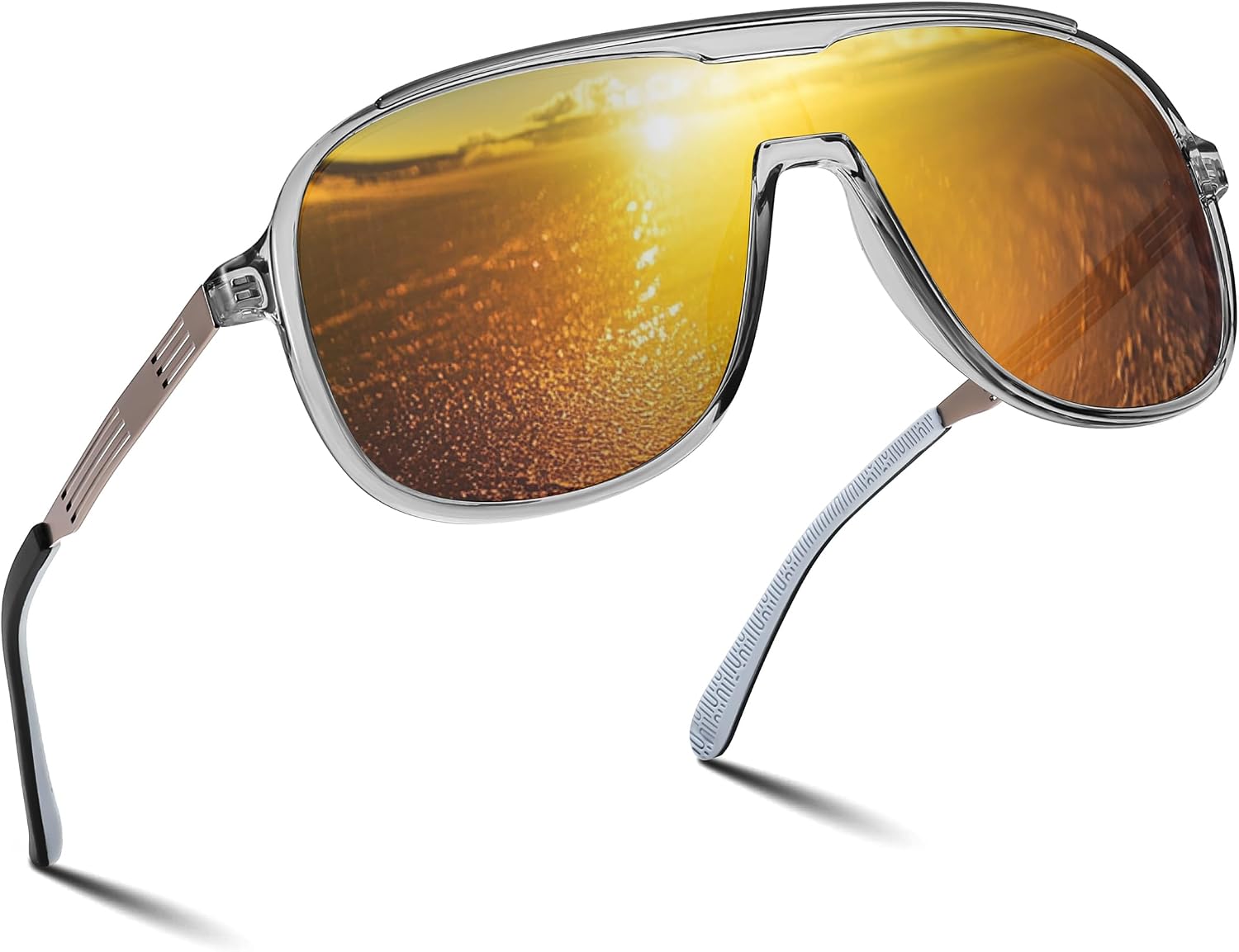 Grey Frame and Gold Lens / 58 Millimeters | B0DSV4D3Z2 | FEISEDY Polarized Sunglasses Men Women Mirrored One Piece Lens B0277