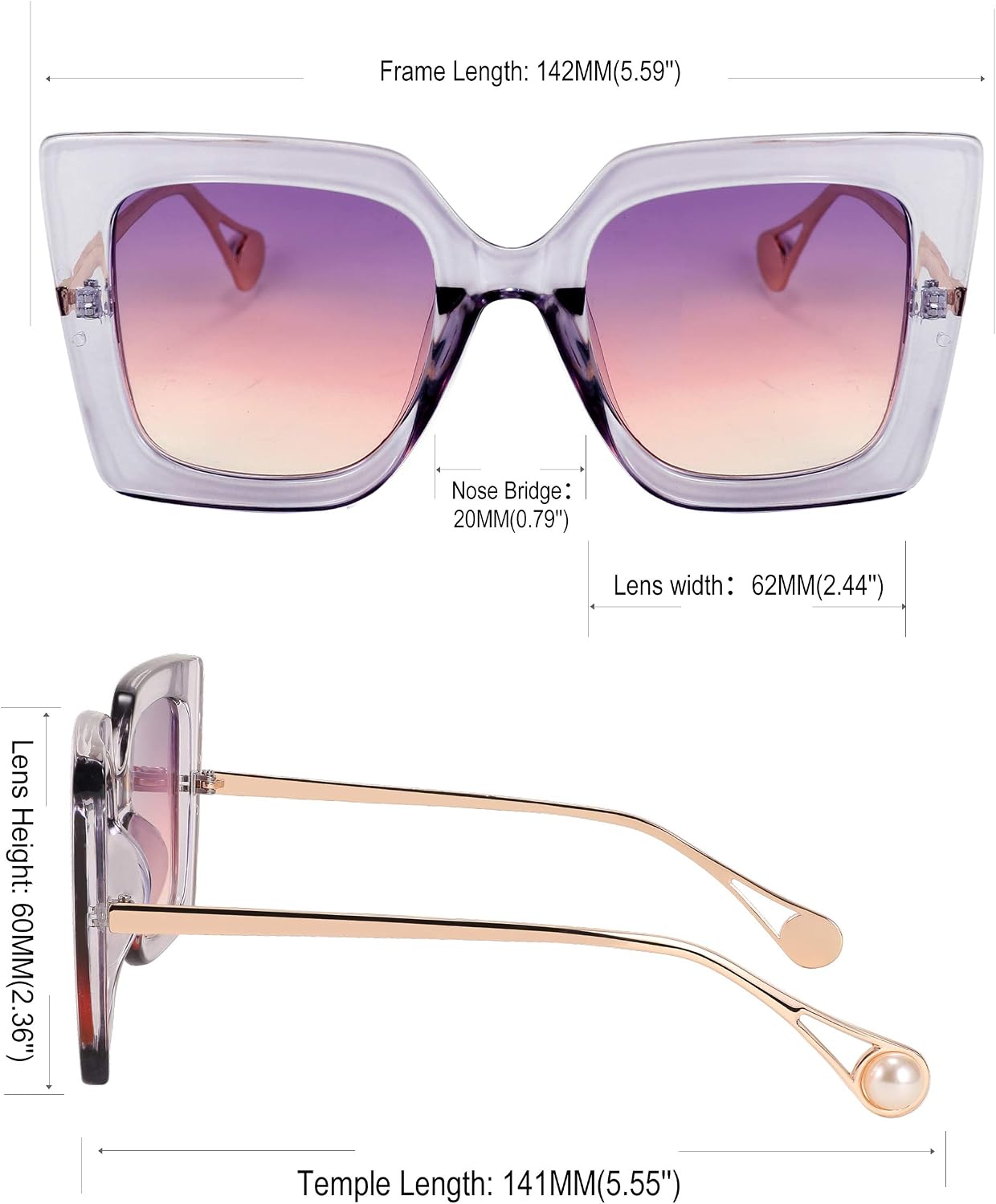 商品图片 91 | B08HVPGJW5 | FEISEDY Sunglasses Womens Trendy, Oversized Square Shades, Pearl Inlay Cat Eye Frame UV400 Protection B2625