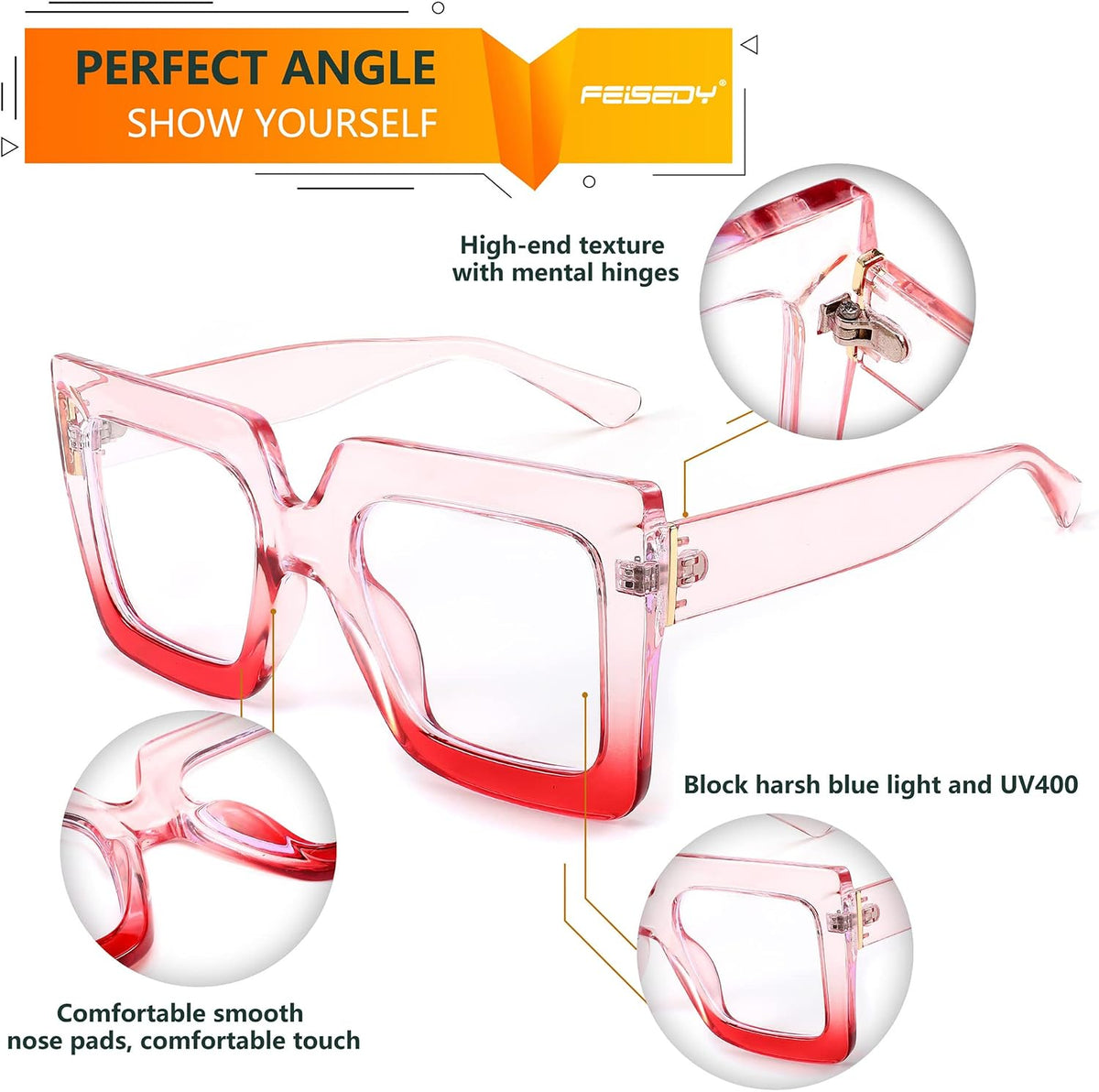 商品图片 16 | B0BZRTPH3F | FEISEDY Fashion Oversized Blue Light Glasses for Women Anti Fatigue Thick Square Computer Eyewear B2381