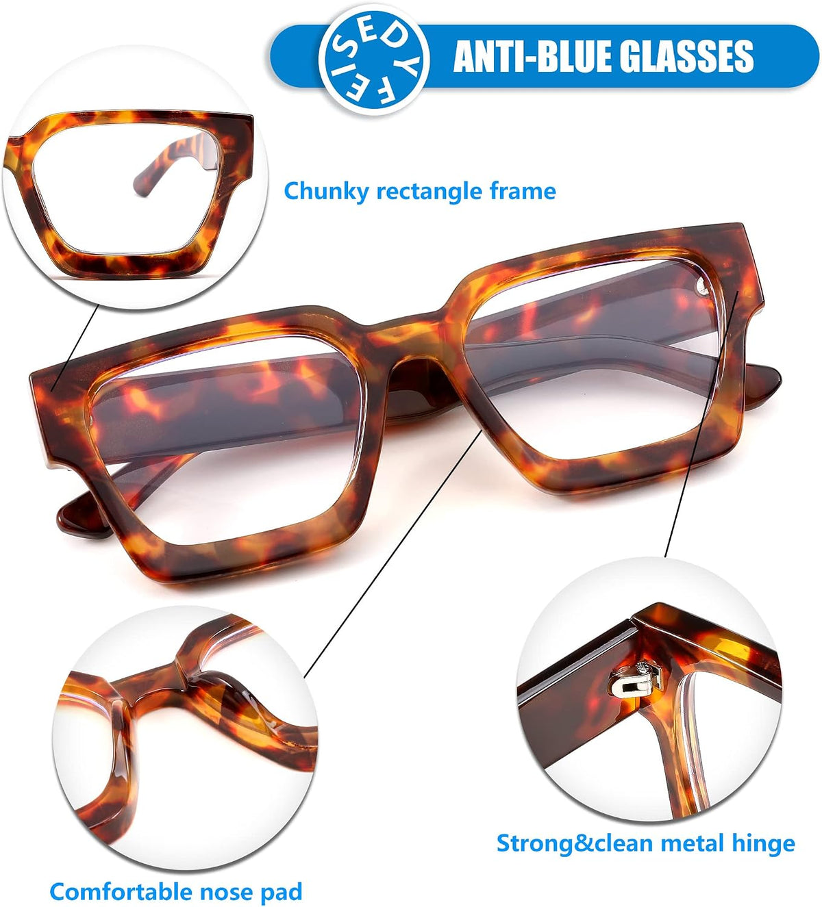 商品图片 3 | B0C1SQ2TX3 | FEISEDY Blue Light Blocking Glasses Thick Computer Eyewear Retro 90s Square Frame B2383
