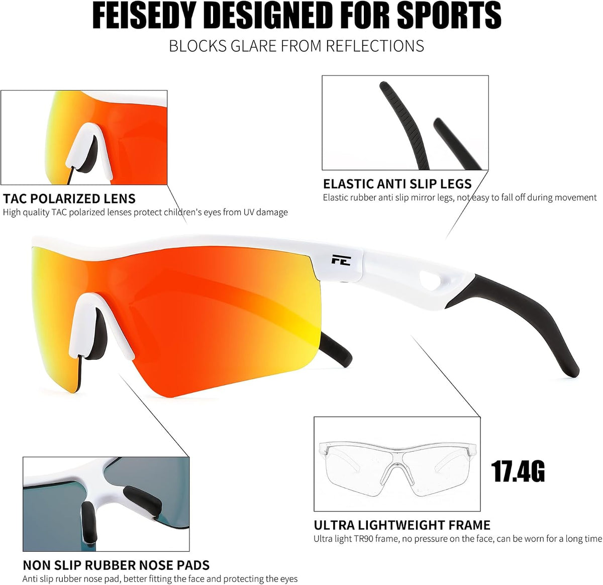 ÉÌƷͼƬ 170 | B07JZ18KMZ | FEISEDY Kids Polarized Sports Sunglasses, TR90 UV400 Baseball Cycling