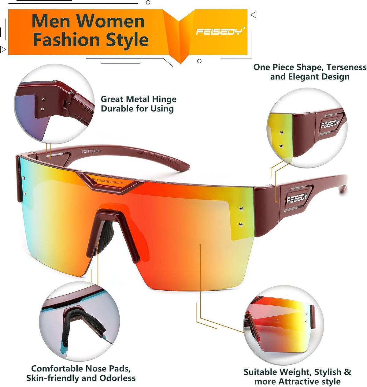 ÉÌƷͼƬ 4 | B0D4Y6RY37 | FEISEDY Sunglasses Men Women, Big Oversized Square Frame,UV400 Mirrored Sun Glasses, Cycling Driving Fishing Hiking B0064