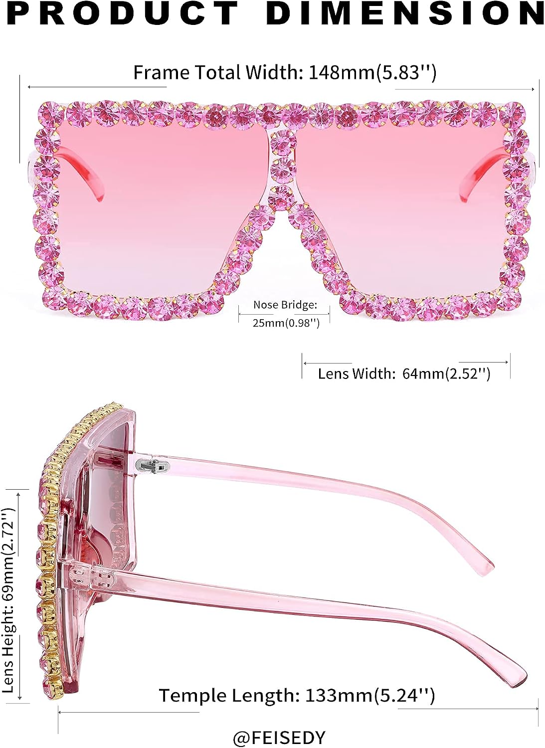 商品图片 34 | B096YZPRF2 | FEISEDY Oversized Sparkling Crystal Sunglasses Disco Diamond Flat Top Fashion Square Large Shades B2782