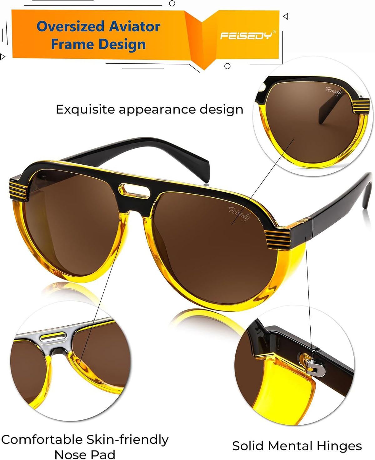 ÉÌƷͼƬ 16 | B0CT8R8S1H | FEISEDY Steampunk with Side Shields Aviator Sunglasses for Men Women 80s Retro Flat Top Oversized Polarized Shades B0096