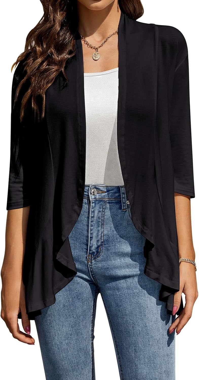 Large / Black | B0H1VZ3HR6 | Women's 3/4 Sleeve Open Front Cardigan Lightweight Draped Ruffle Knit Casual Spring Summer Plus Size Cardigan