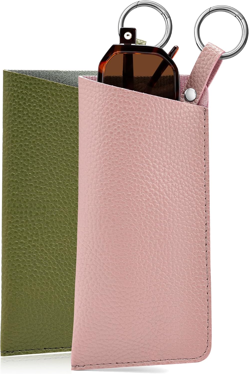 Pink + Green | B0FKBHJ5V3 | FEISEDY 2Pack Portable Glasses Case with Clip Hook, Soft Leather Eyeglass case Bag, Slim Sunglasses Pouch B0313