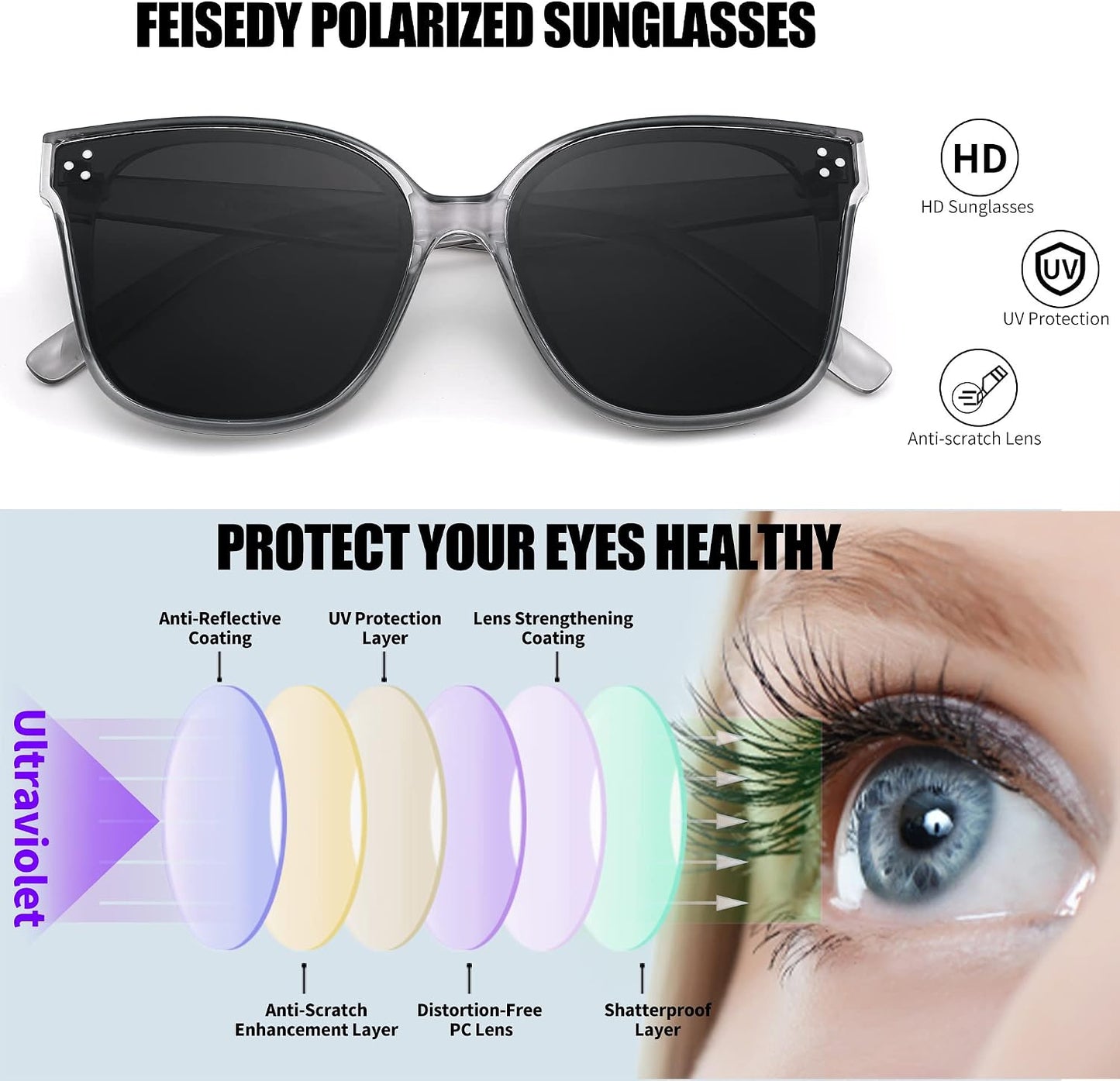商品图片 20 | B0871BKMTN | FEISEDY Oversized Polarized Sunglasses - UV400 Protection, Square Fashion Sun Glasses for Outdoor & Daily B2600