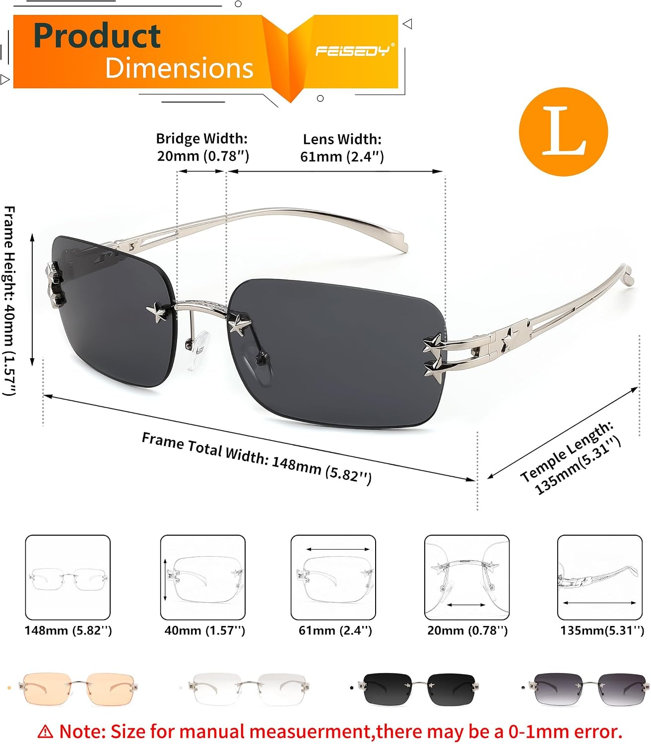 商品图片 6 | B0GX6FSM23 | FEISEDY Retro Rimless Rectangle Y2K Tinted Sunglasses for Women Men B0423