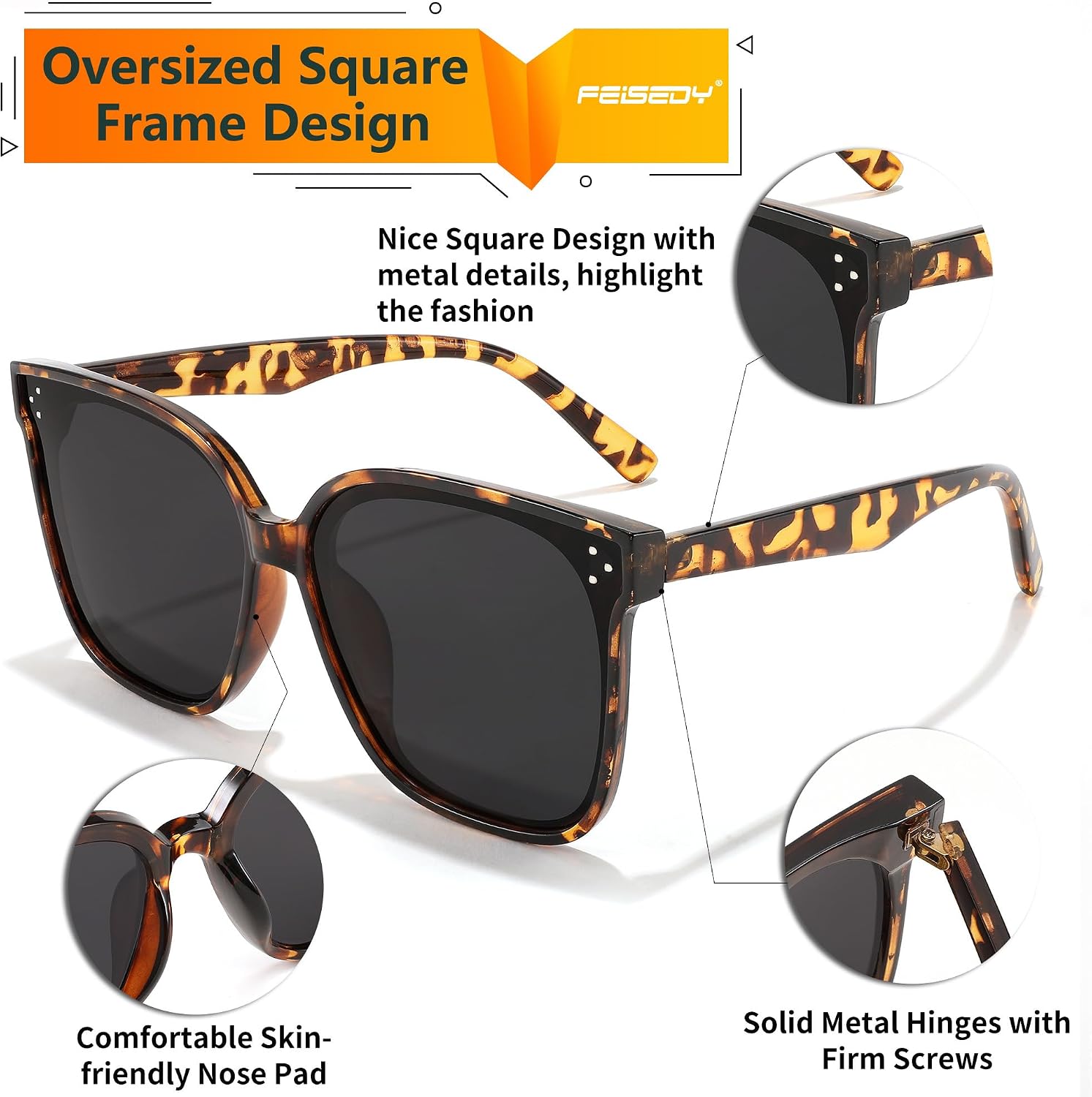商品图片 3 | B0871BKMTN | FEISEDY Oversized Polarized Sunglasses - UV400 Protection, Square Fashion Sun Glasses for Outdoor & Daily B2600