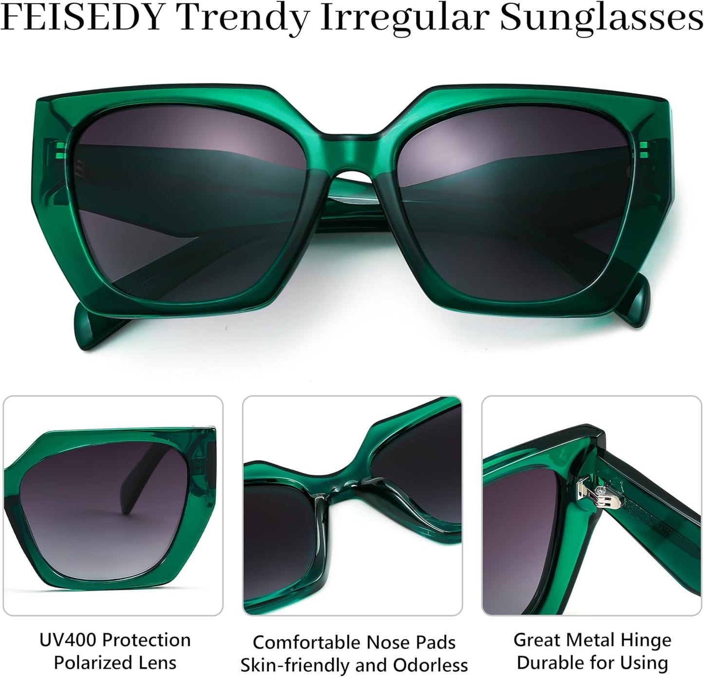 商品图片 12 | B0CNCTSQ2Z | FEISEDY Trendy Polarized Sunglasses, Oversized Irregular TR Frame for Women Men, Retro Shades UV400 B0016