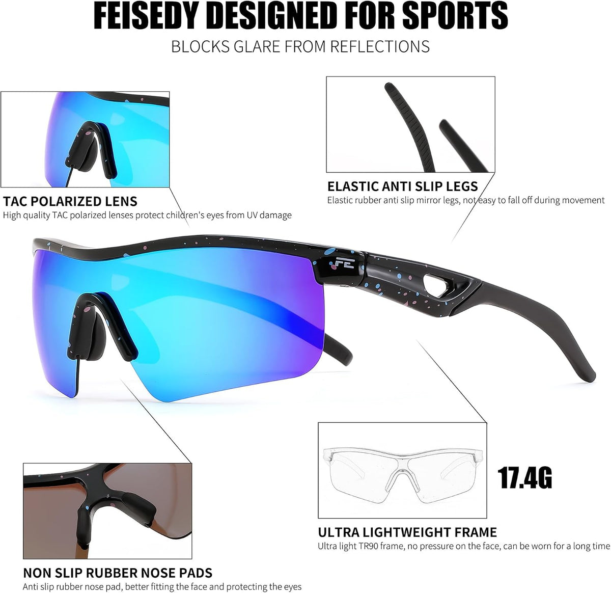 ÉÌƷͼƬ 135 | B07JZ18KMZ | FEISEDY Kids Polarized Sports Sunglasses, TR90 UV400 Baseball Cycling