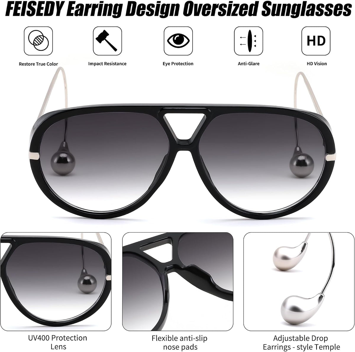 ÉÌƷͼƬ 3 | B0F8N8W8JM | FEISEDY Oversized Aviator Sunglasses With Earring Design for Women Large Big Frame Luxury Designer Shades for Ladies B0296