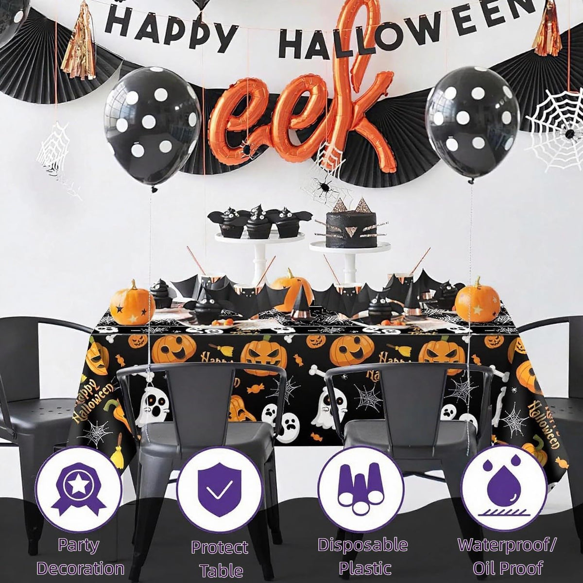 商品图片 4 | B0FLXC9QDS | Tablecloth (2 Pack) 51.2 x 86.6 Inch Disposable Plastic Table Cover for Party Ghost/Bone/Ghost Face Pumpkin Decorations Birthday Party Indoor Outdoor Decor