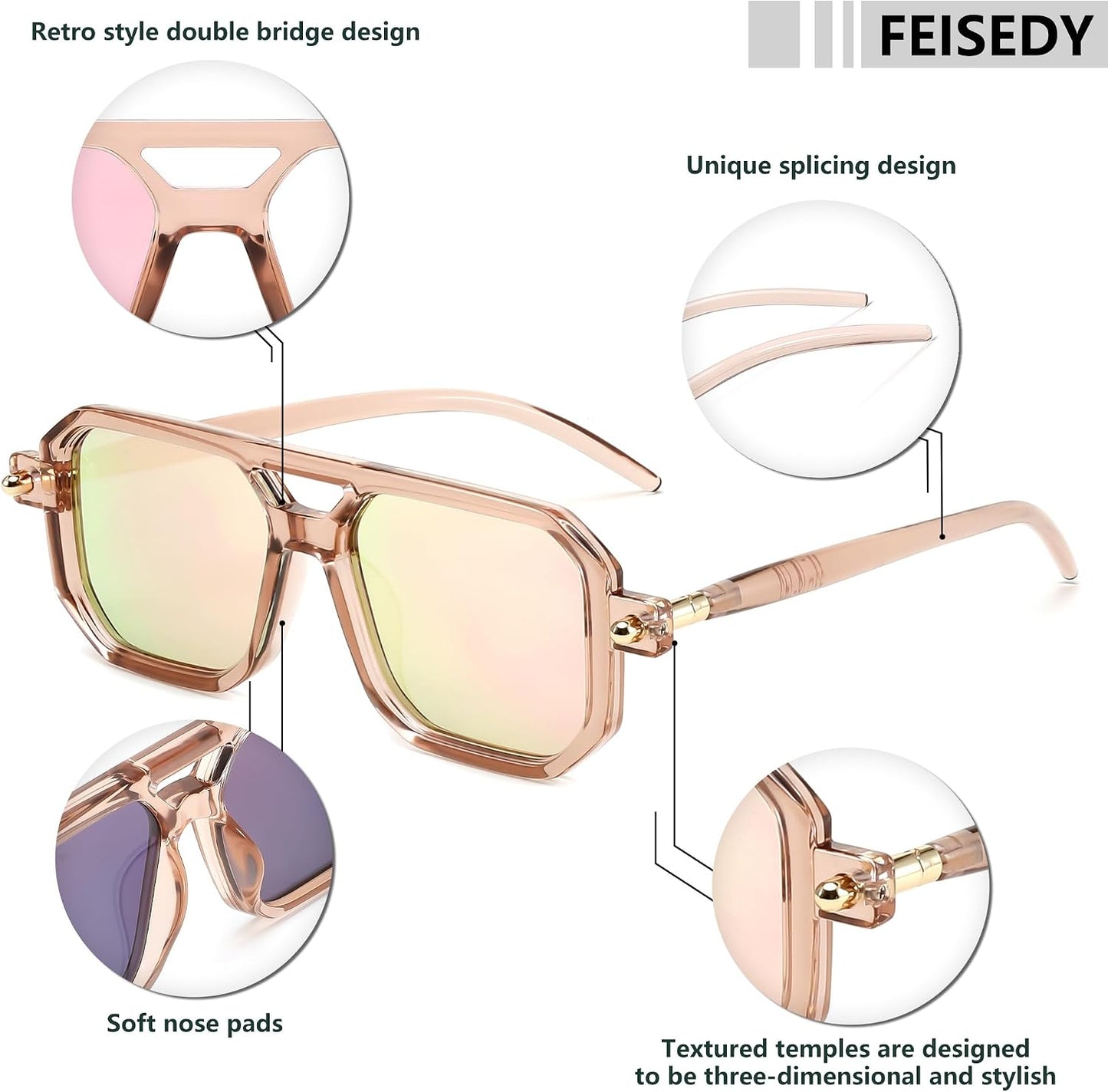 商品图片 66 | B09YTJ4FQZ | FEISEDY Vintage Square 70s Flat Aviator Sunglasses Women Men Classic Retro Stylish Frame UV400 Sunglasses B2622