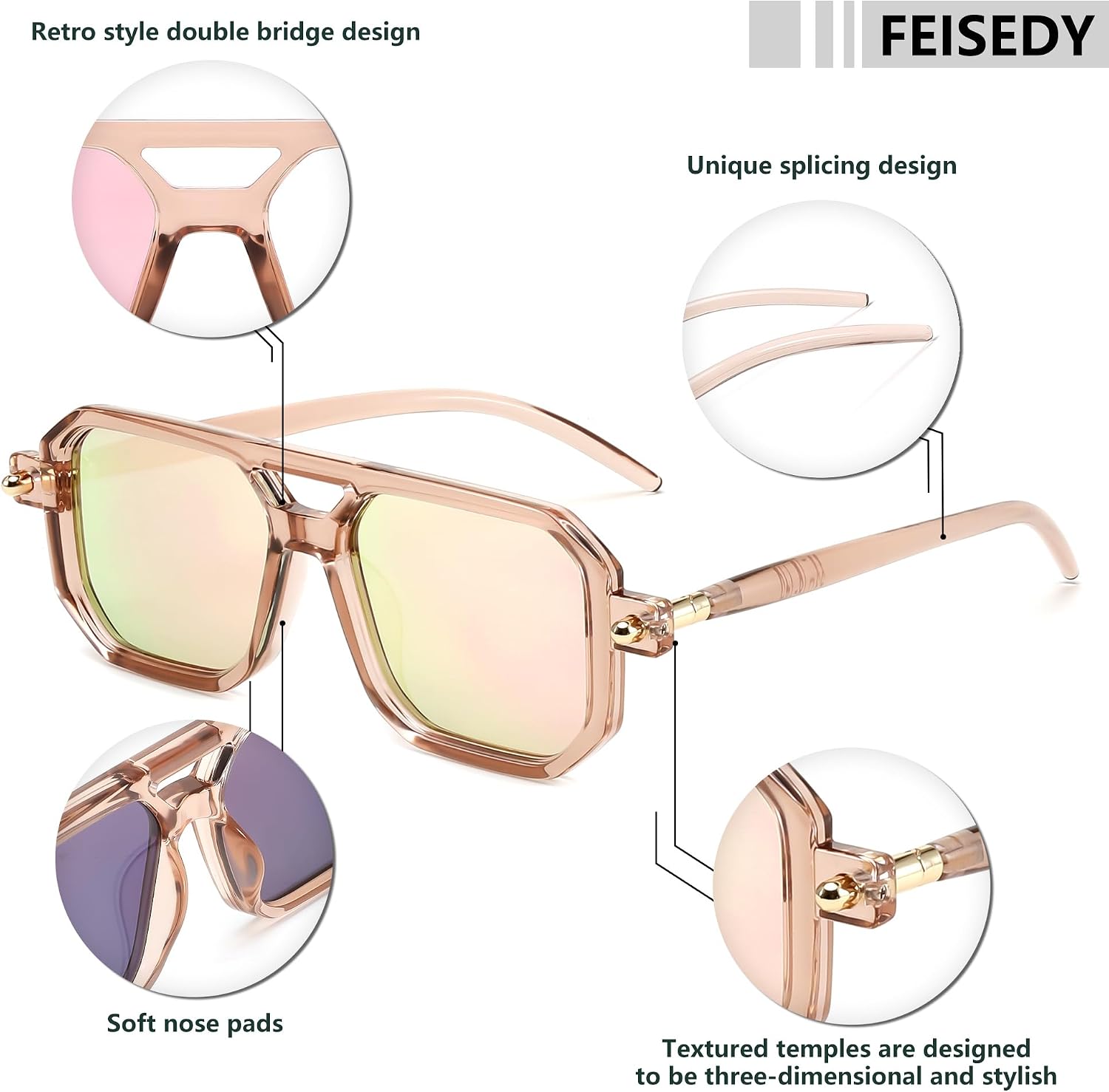 商品图片 66 | B09YTJ4FQZ | FEISEDY Vintage Square 70s Flat Aviator Sunglasses Women Men Classic Retro Stylish Frame UV400 Sunglasses B2622