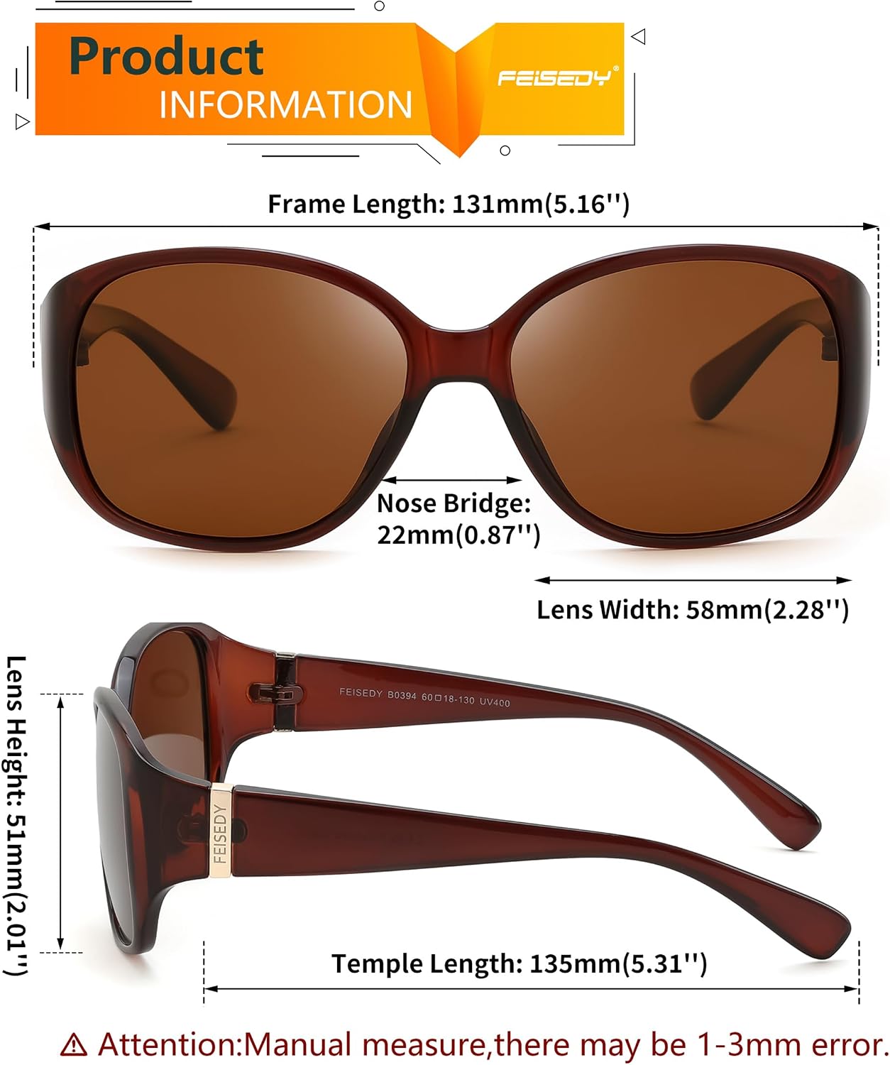 商品图片 35 | B0H4R52F3D | FEISEDY Women's Polarized Sunglasses Wrap Around Vintage Fashion Sunnies UV400 Protection B0394