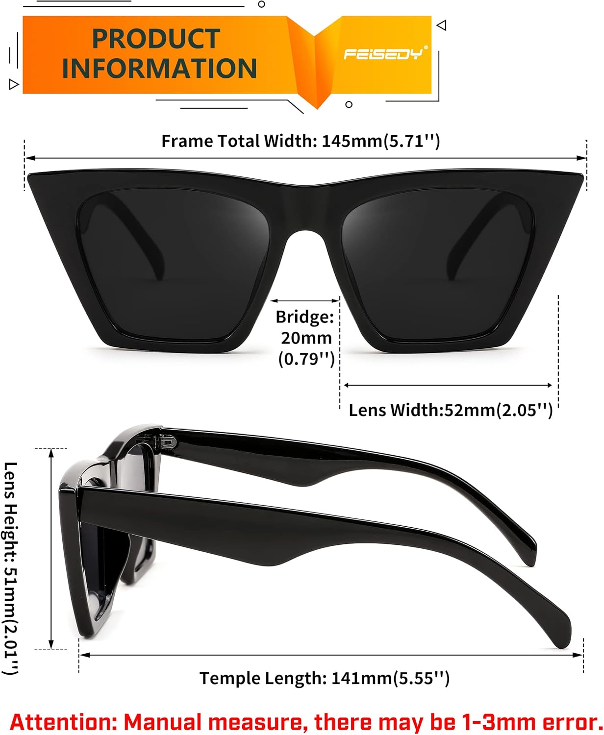 商品图片 4 | B0C5378735 | FEISEDY Vintage Square Cat Eye Sunglasses Women Trendy Cateye Sunglasses B2473
