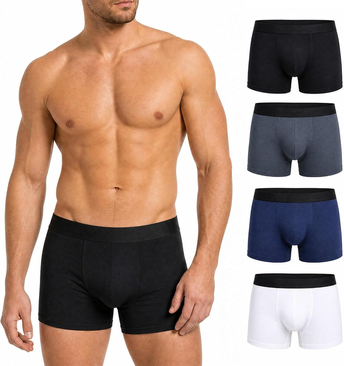 Large / Black/Grey/Blue/White | B0GVH8R5QS | 4 Pack Men's Cotton Boxer Shorts - Soft Comfort Underwear Breathable Underpants Basic Essentials Long Leg Briefs, L-2XL