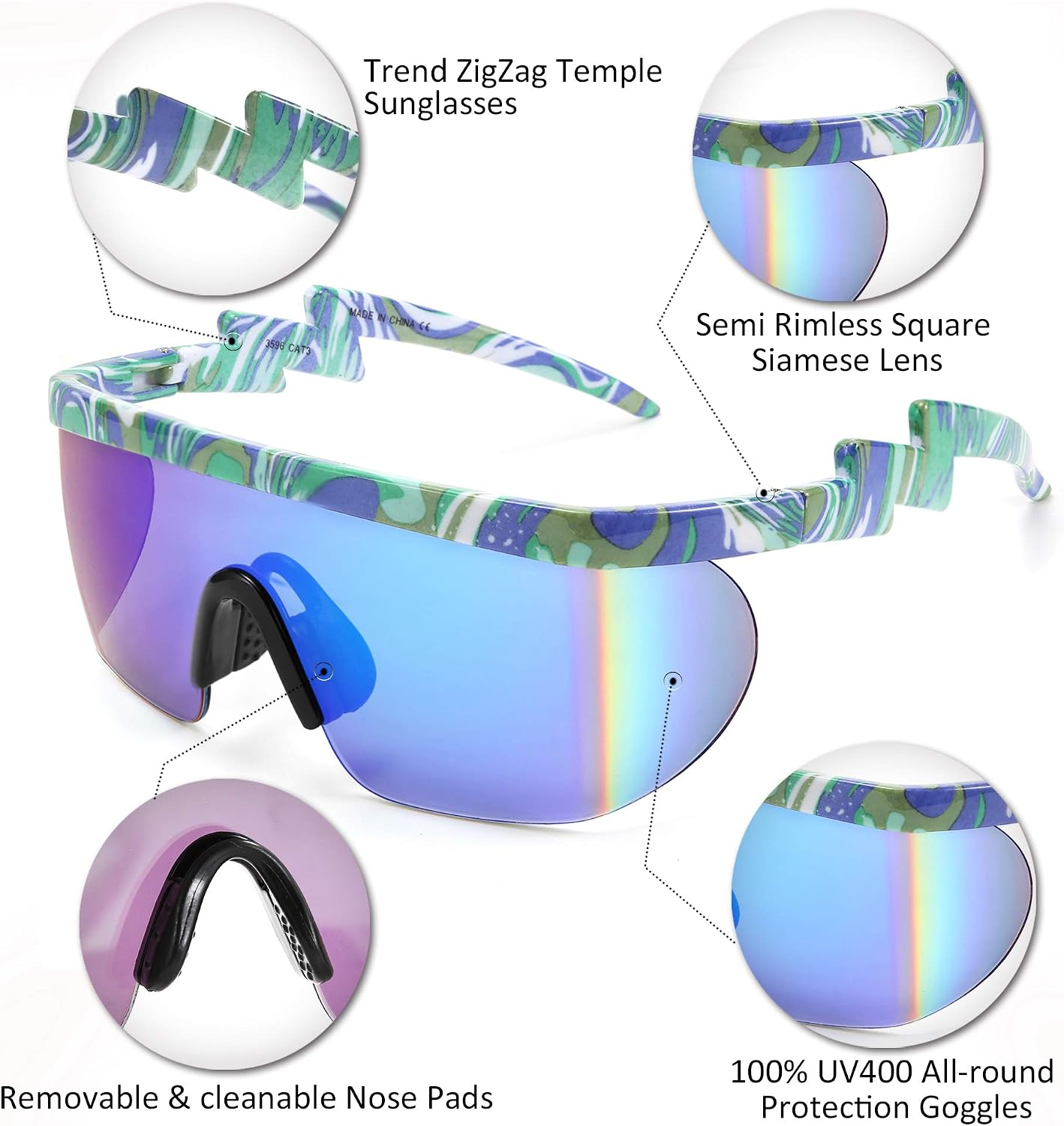 商品图片 81 | B096SD9GGG | FEISEDY Oversized Mirror Shield Sport 80s Sunglasses Ski Goggles Flat Top One Piece Futuristic Visor Women Men B2522