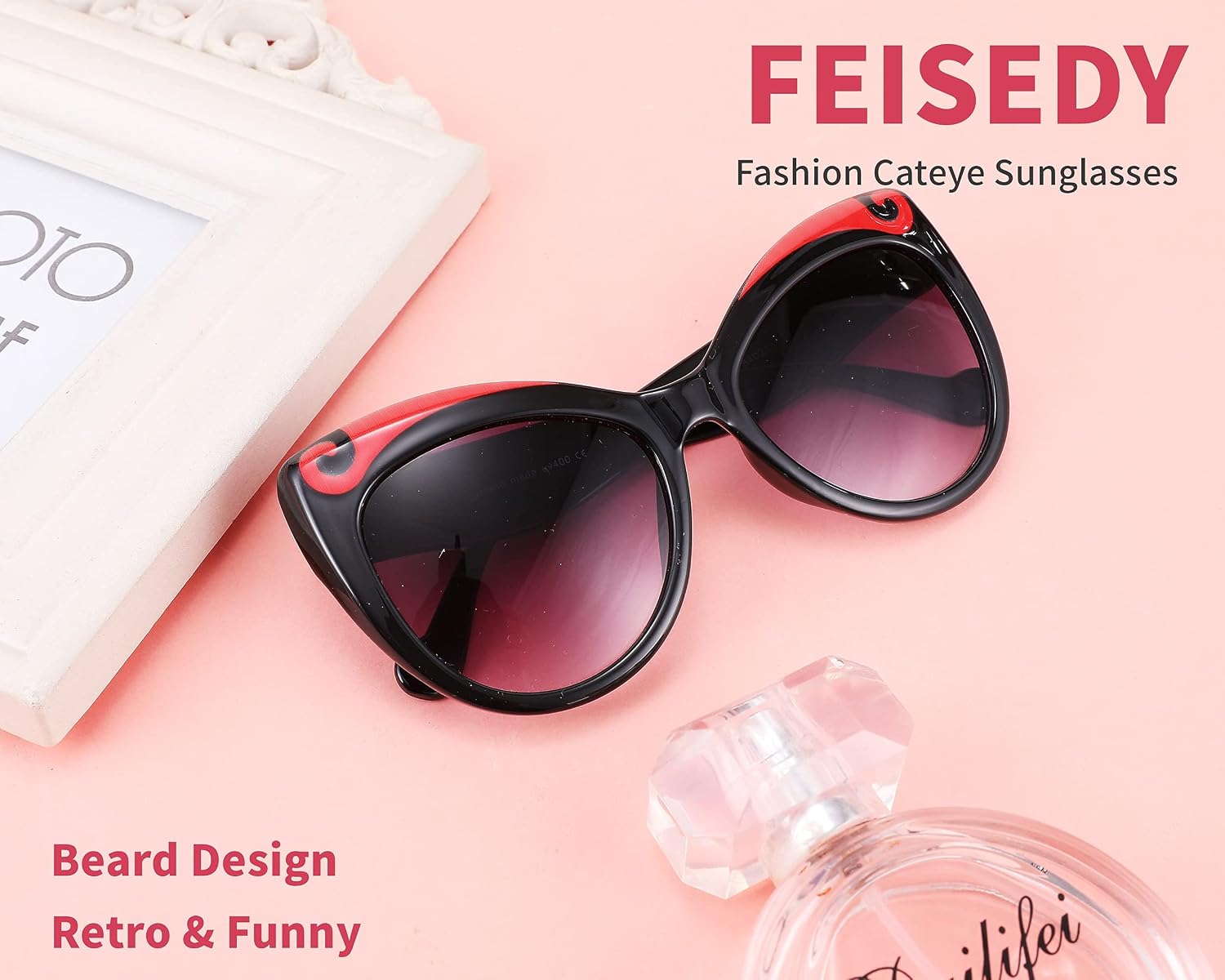 商品图片 3 | B095BQGNXV | FEISEDY Retro Funny Cateye Sunglasses Oversized Beard Design Personality Fashion Sun Glasses for Women Men B2769