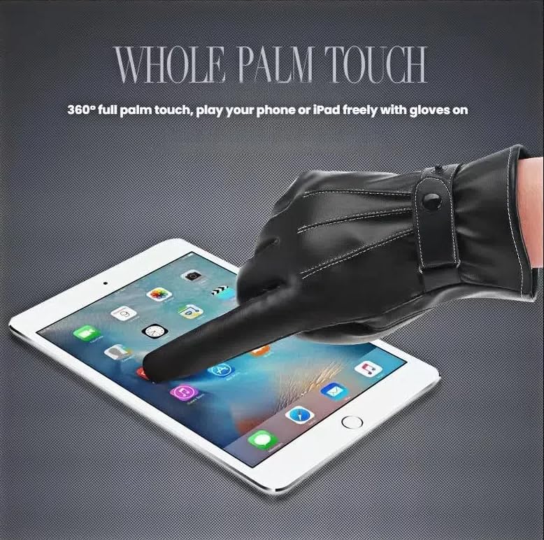 商品图片 5 | B0FSR5ZY7C | Leather Gloves for Men Thermal Lined, Riding Driving Windproof Waterproof PU Leather Touchscreen Gloves with Wrist Strap