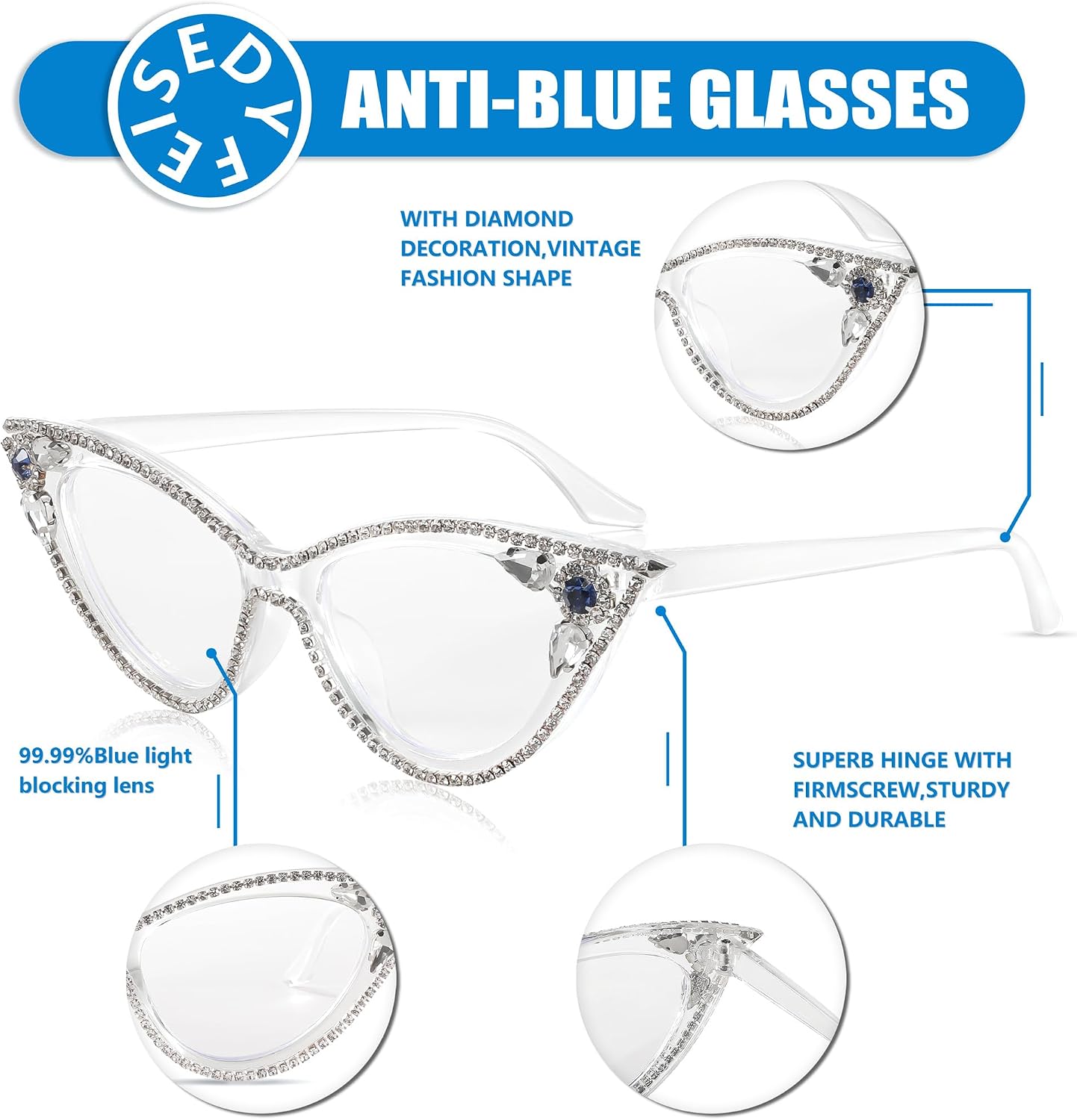 商品图片 12 | B0CQ55685Z | FEISEDY Diamond Blue Light Blocking Glasses Cat Eye Rhinestone Women Glasses Frame Anti Eyestrain Computer Eyewear B0070