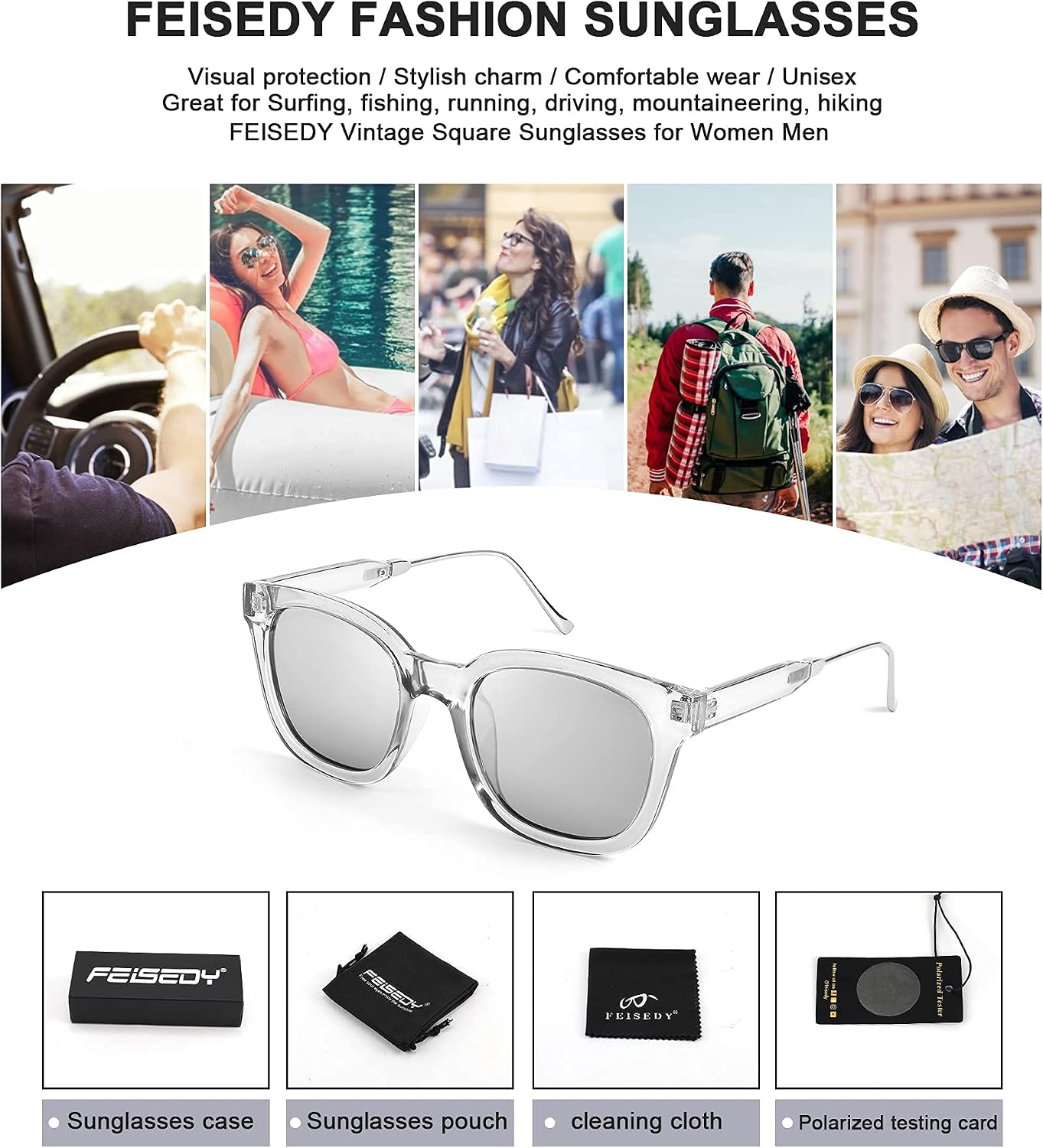 商品图片 14 | B08KXMJ9LV | FEISEDY Square Polarized Sunglasses Women Men Retro Trendy Shades UV400 Lenses B2624