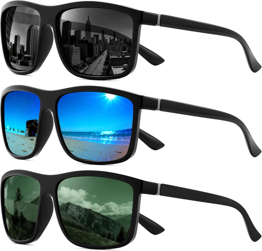 Black/Grey+black/Blue+matte Black/Green / 55 Millimeters | B0FPM4P9VL | FEISEDY Square Polarized Sunglasses For Men Women B0322