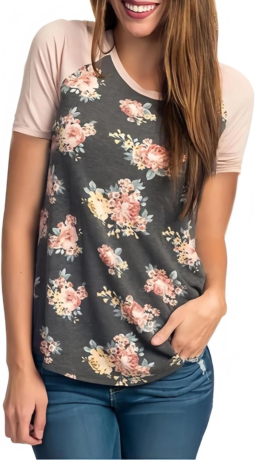 X-Large / Pink Sleeves | B0H1GF2QRR | Women's Floral Print Raglan T-Shirt, Dark Heather Grey Crewneck Short Sleeve Casual Tee with Contrast Sleeves