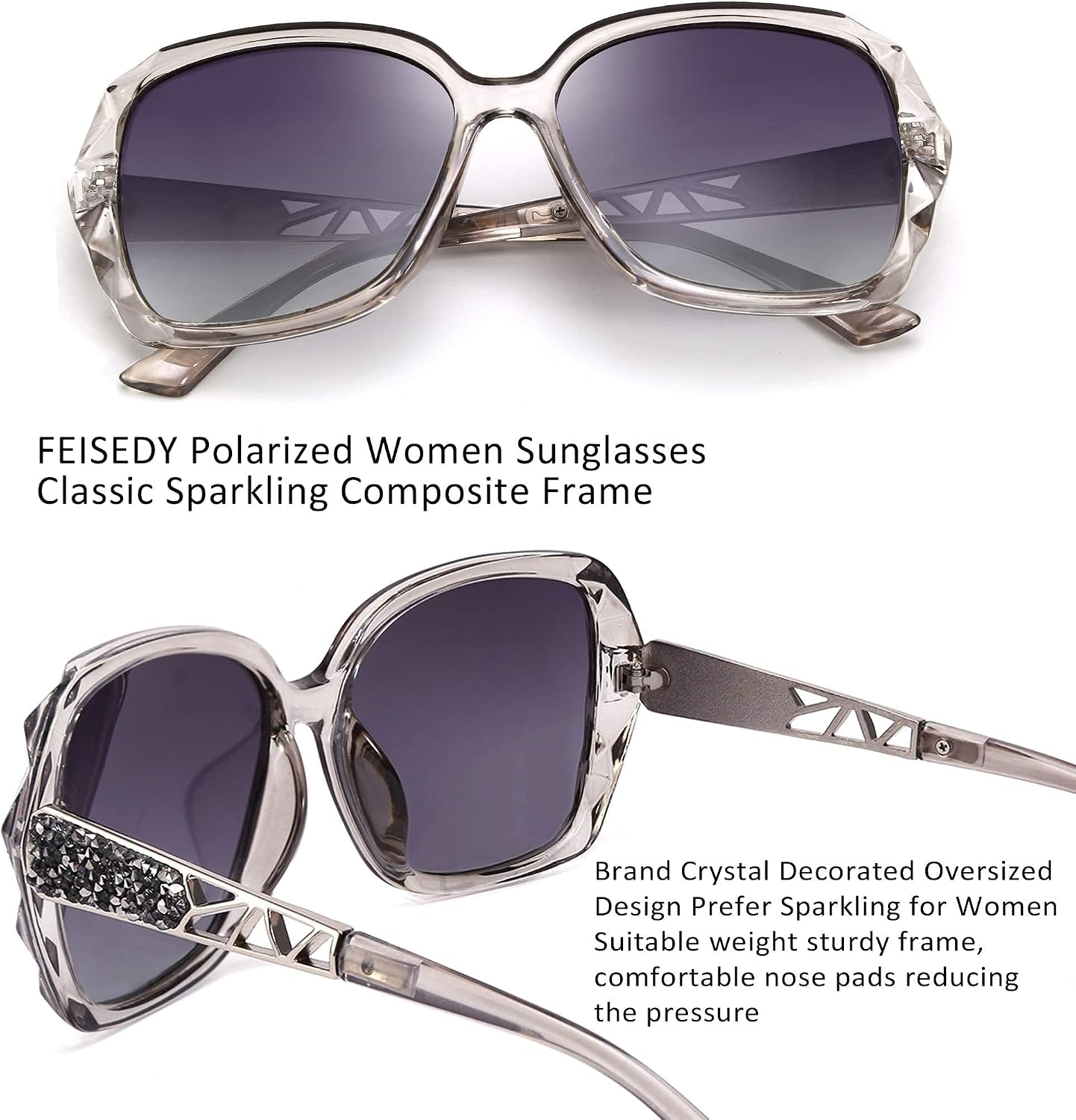 商品图片 95 | B079GT4RXH | FEISEDY Polarized Women Square Sunglasses Sparkling Composite Shiny Frame B2289