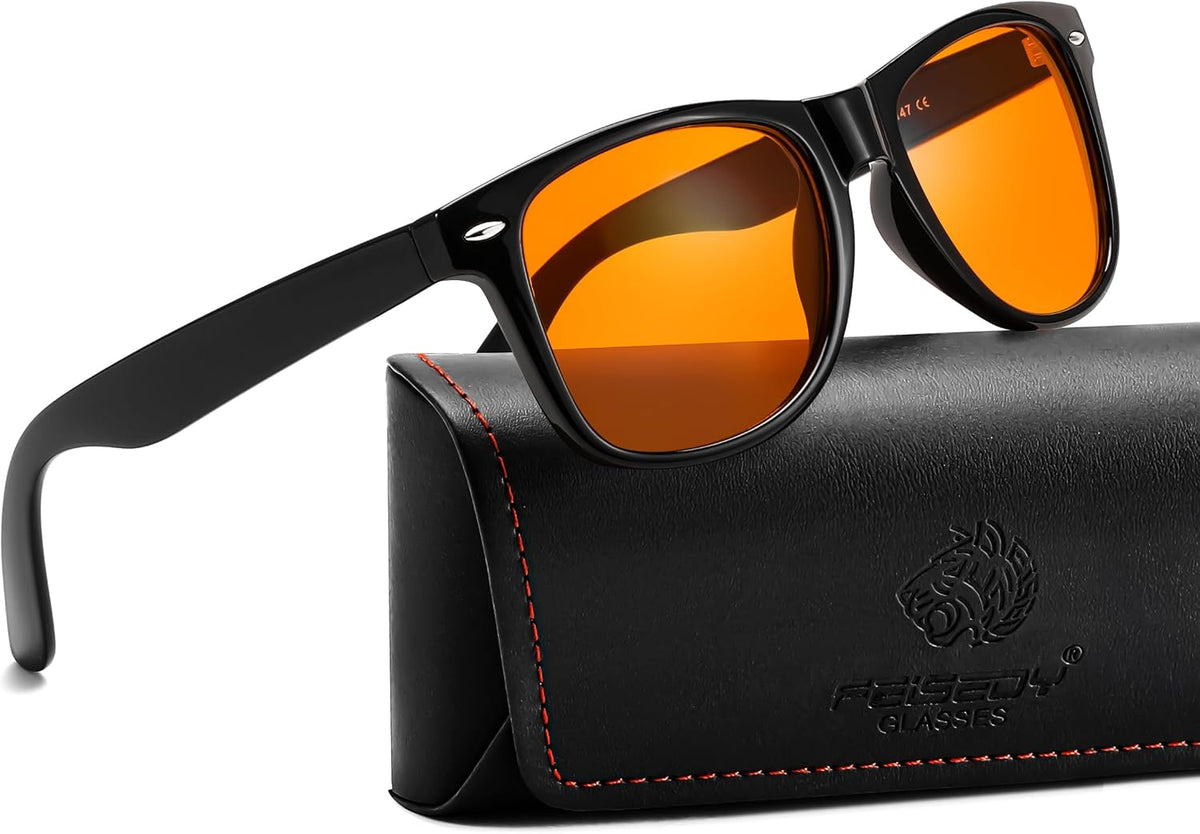 Classic-black01 / Amber | B0DP9QP46L | FEISEDY Orange Blue Light Blocking Glasses for Woman Men Amber Lenses Computer Gaming Glasses for Better Sleep