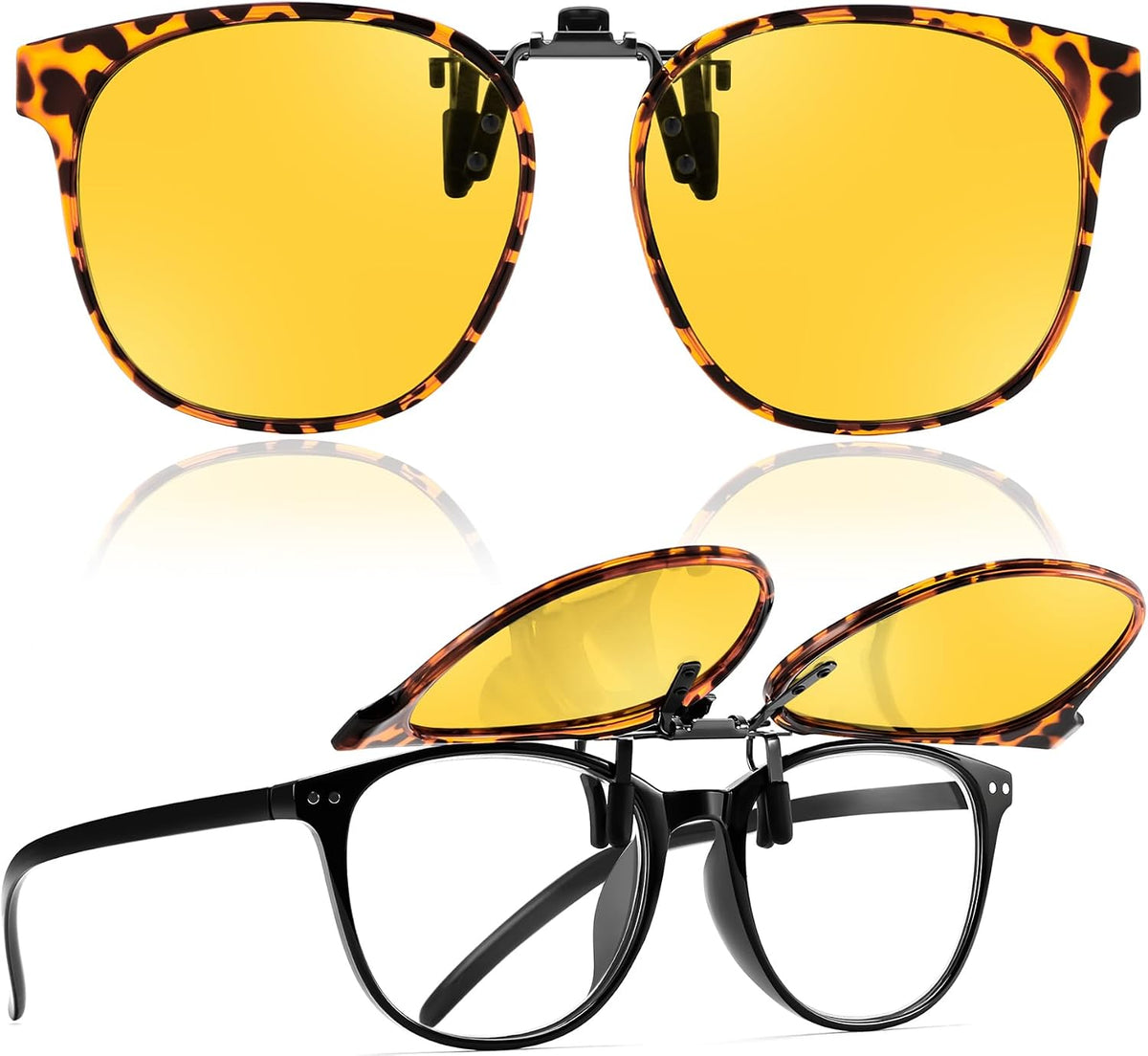 Leopard-yellow Lens / 54 Millimeters | B0HDT3C8KD | FEISEDY Polarized Flip-Up Clip On Sunglasses Over Prescription B0486