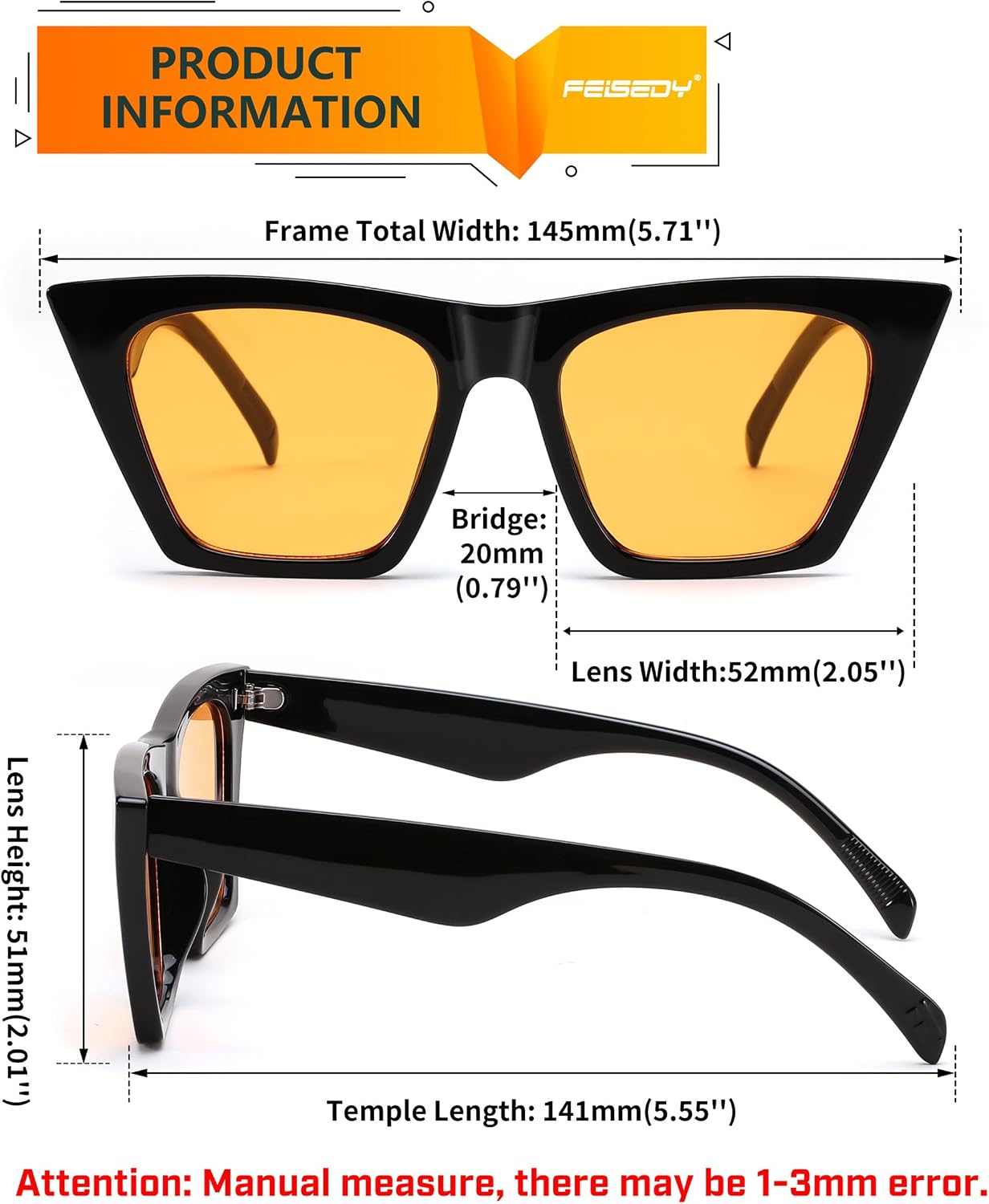 商品图片 144 | B0C5378735 | FEISEDY Vintage Square Cat Eye Sunglasses Women Trendy Cateye Sunglasses B2473