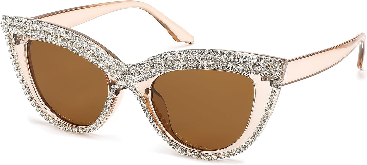 Champagne Stripe Diamond / 51 Millimeters | B0CP1YZPDK | FEISEDY Oversized Women Cat Eye Rhinestone Sunglasses Costume Party B2360