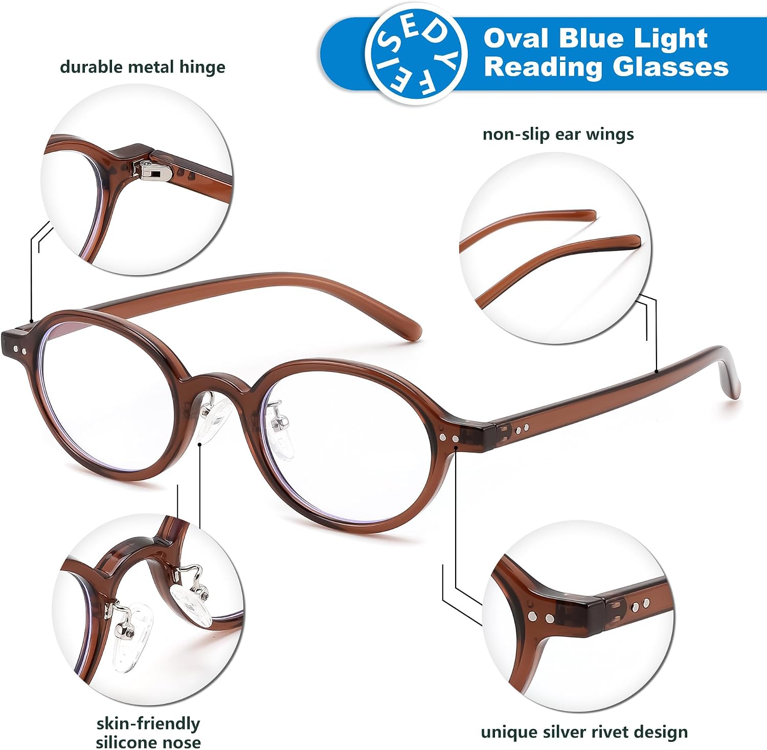 商品图片 12 | B0GZPJSP52 | FEISEDY Retro Small Oval Reading Glasses for Men Women Blue Light Blocking Computer Readers B1663