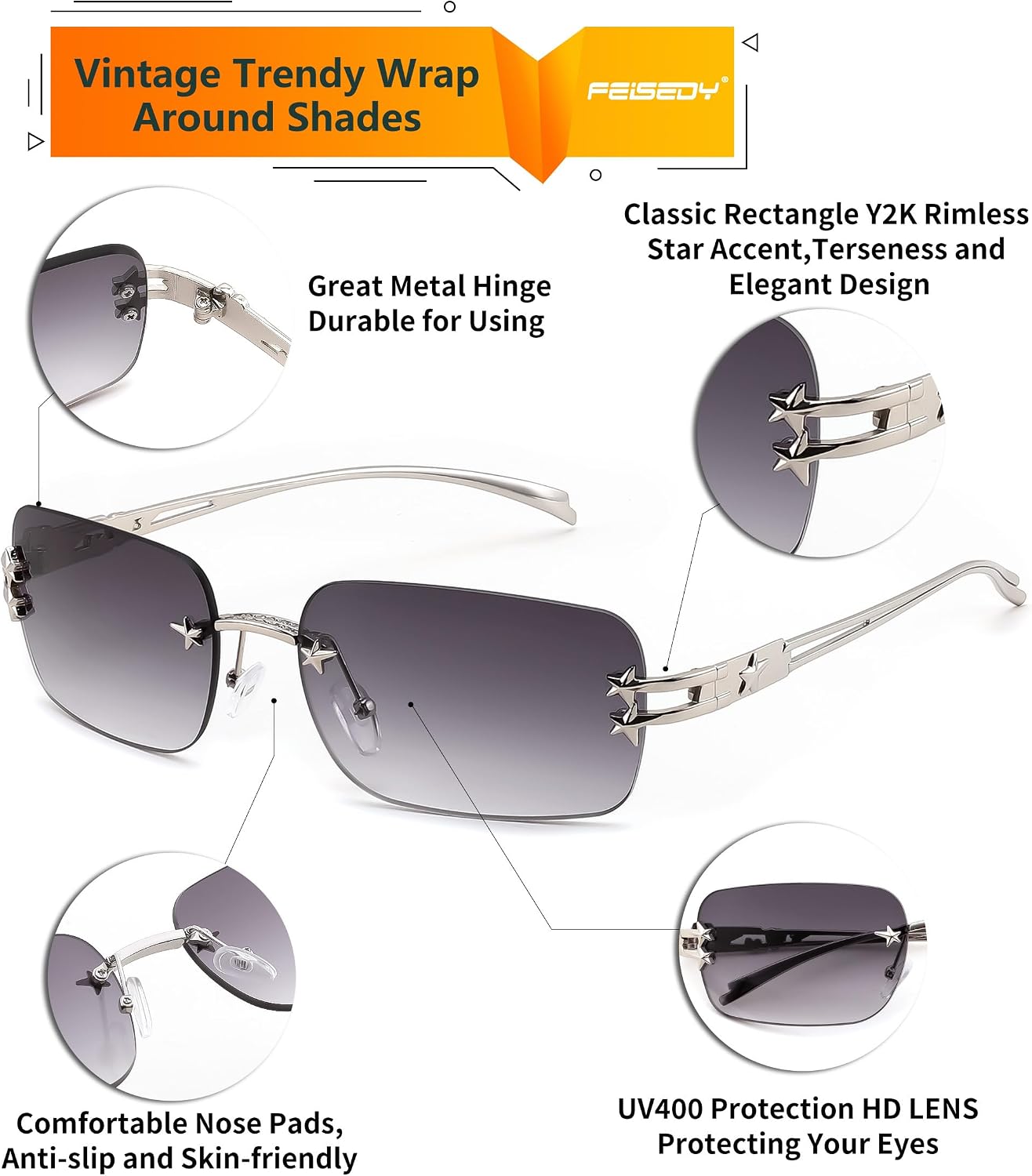 商品图片 17 | B0GX6FSM23 | FEISEDY Retro Rimless Rectangle Y2K Tinted Sunglasses for Women Men B0423