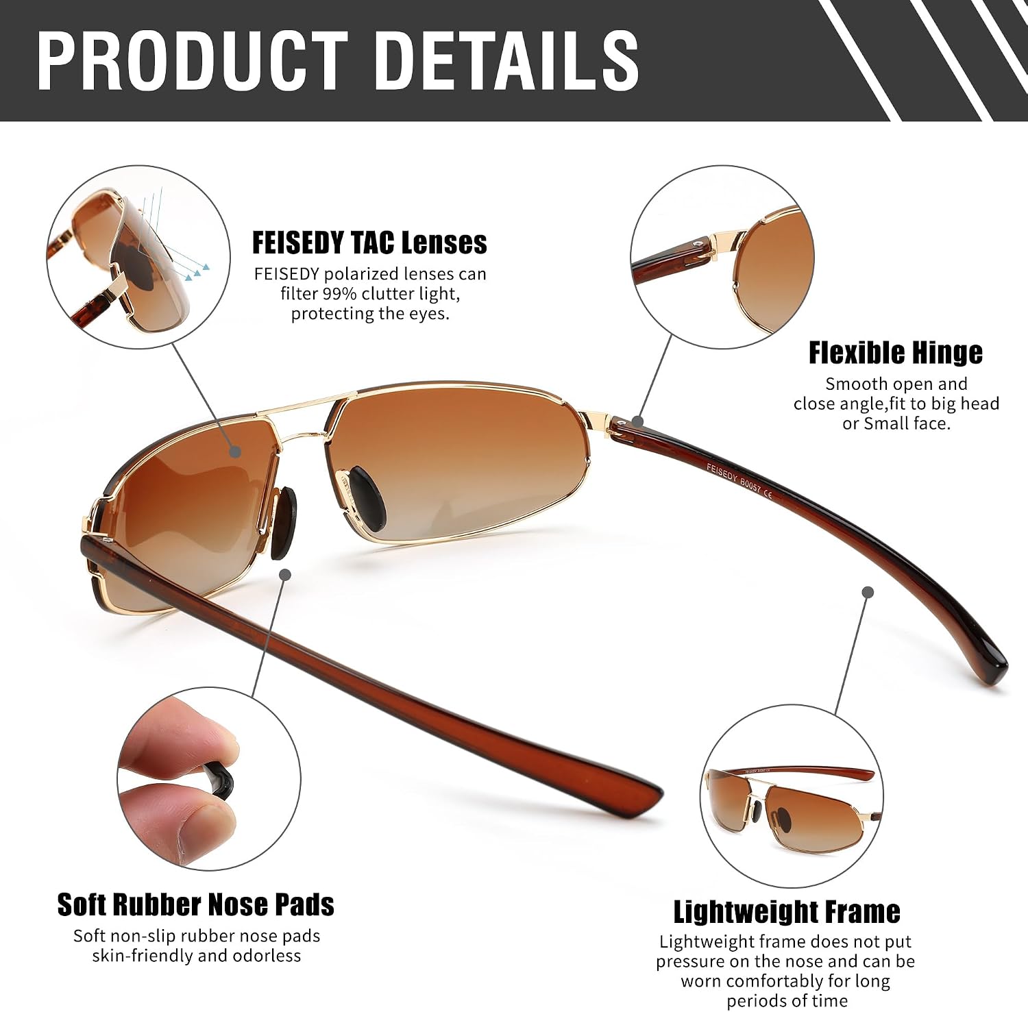 商品图片 27 | B0D22TVRVN | FEISEDY Vintage Sunglasses Men Polarized, Aviator Metal Frame Lightweight, Driving Fishing Running B0057