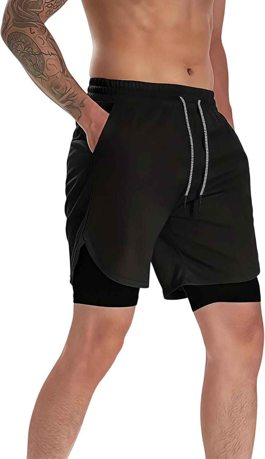 商品图片 2 | B0GPQGGS31 | Men's 2-in-1 Running Shorts with Phone Pockets - Quick Dry Gym & Workout Shorts for Athletic Men Black